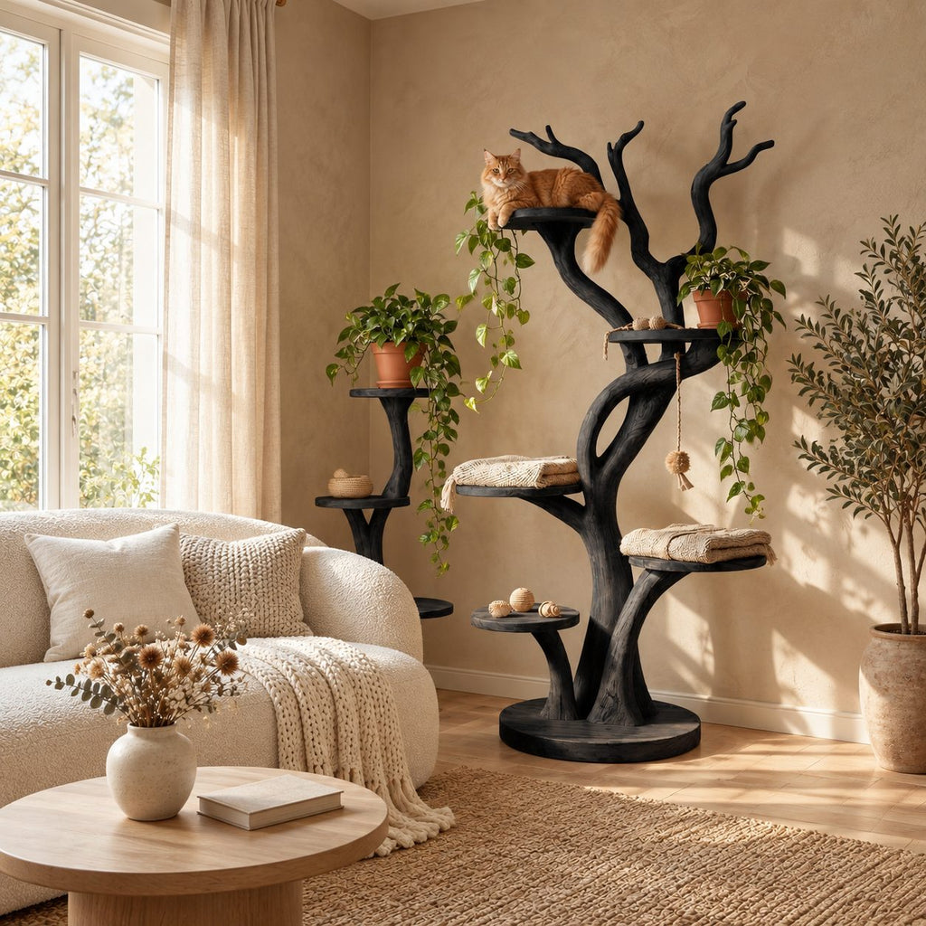Wooden Cat Tree with Twisting Trunk and Round Perch Platforms, Solid Wood Cat Tower for Living Room