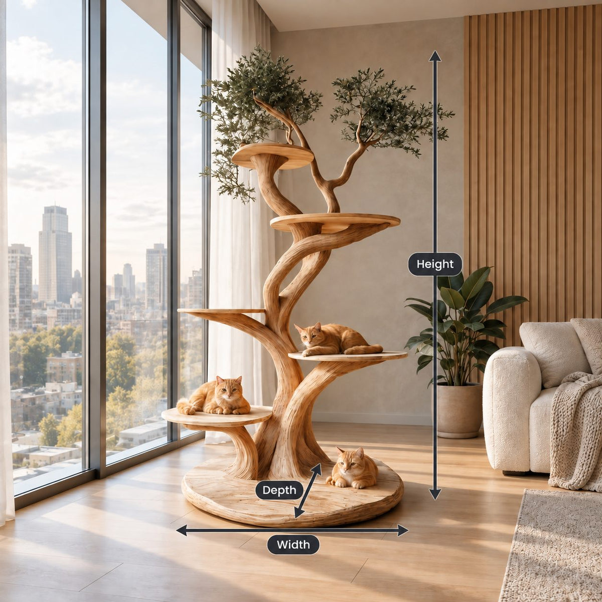 Wooden Cat Tree with Twisting Trunk and Round Perch Platforms, Solid Wood Cat Tower for Living Room