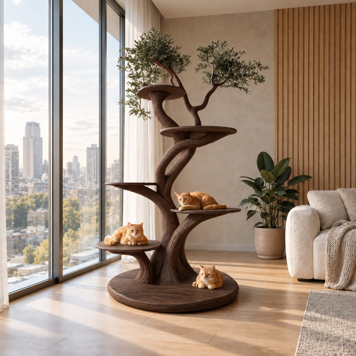 Wooden Cat Tree with Twisting Trunk and Round Perch Platforms, Solid Wood Cat Tower for Living Room
