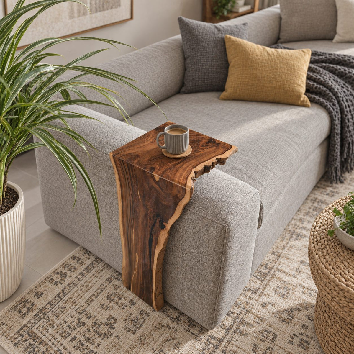 Sofa Arm Table Live Edge Waterfall Wrap, Solid Wood Couch Armrest Tray for Coffee and Remote
