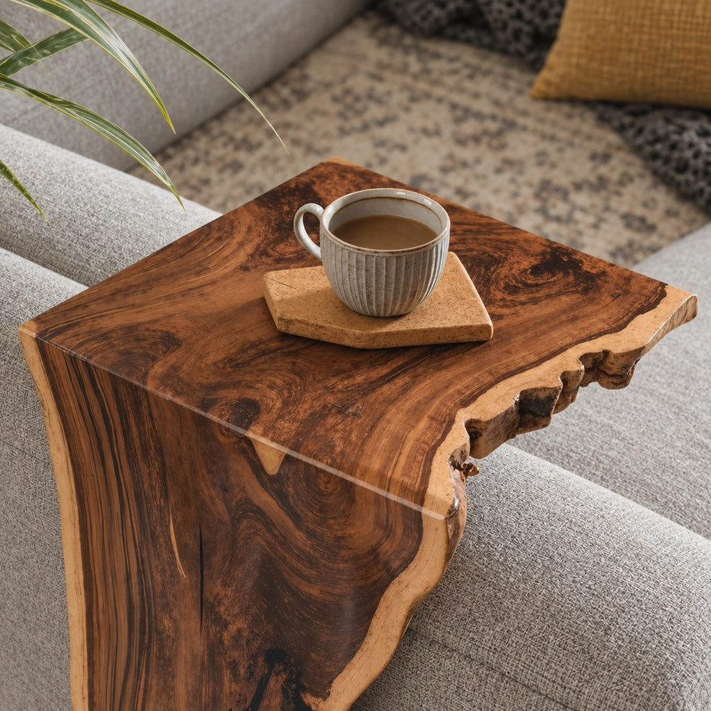 Sofa Arm Table Live Edge Waterfall Wrap, Solid Wood Couch Armrest Tray for Coffee and Remote