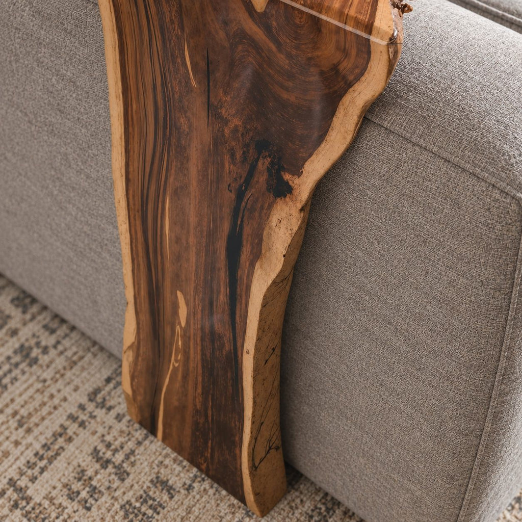 Sofa Arm Table Live Edge Waterfall Wrap, Solid Wood Couch Armrest Tray for Coffee and Remote