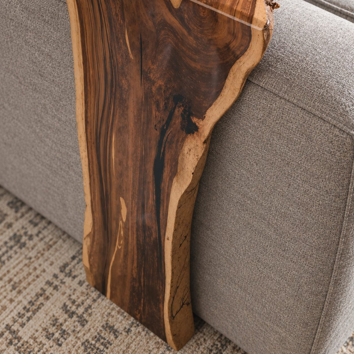 Sofa Arm Table Live Edge Waterfall Wrap, Solid Wood Couch Armrest Tray for Coffee and Remote