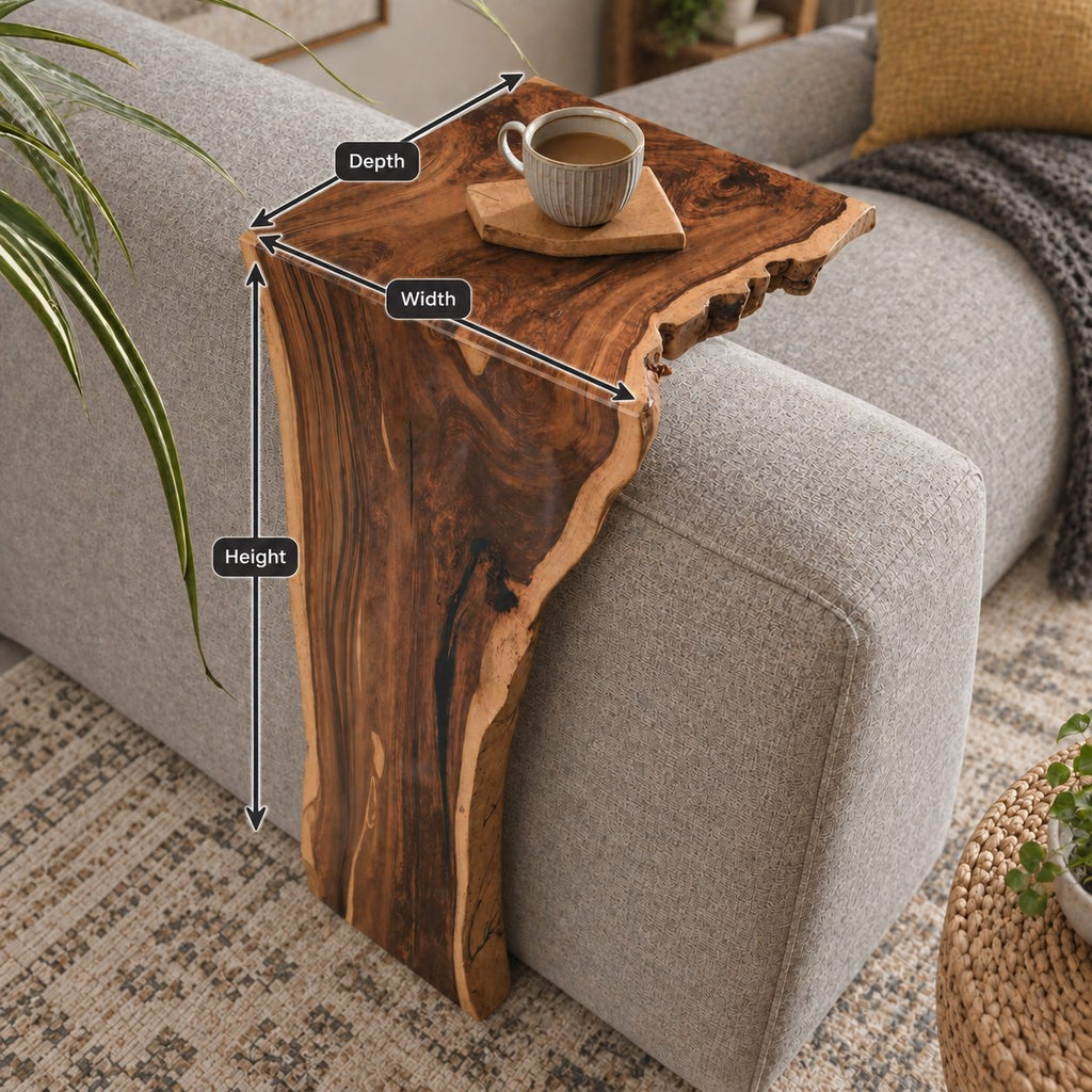 Sofa Arm Table Live Edge Waterfall Wrap, Solid Wood Couch Armrest Tray for Coffee and Remote