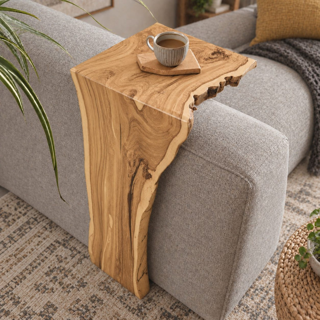 Sofa Arm Table Live Edge Waterfall Wrap, Solid Wood Couch Armrest Tray for Coffee and Remote