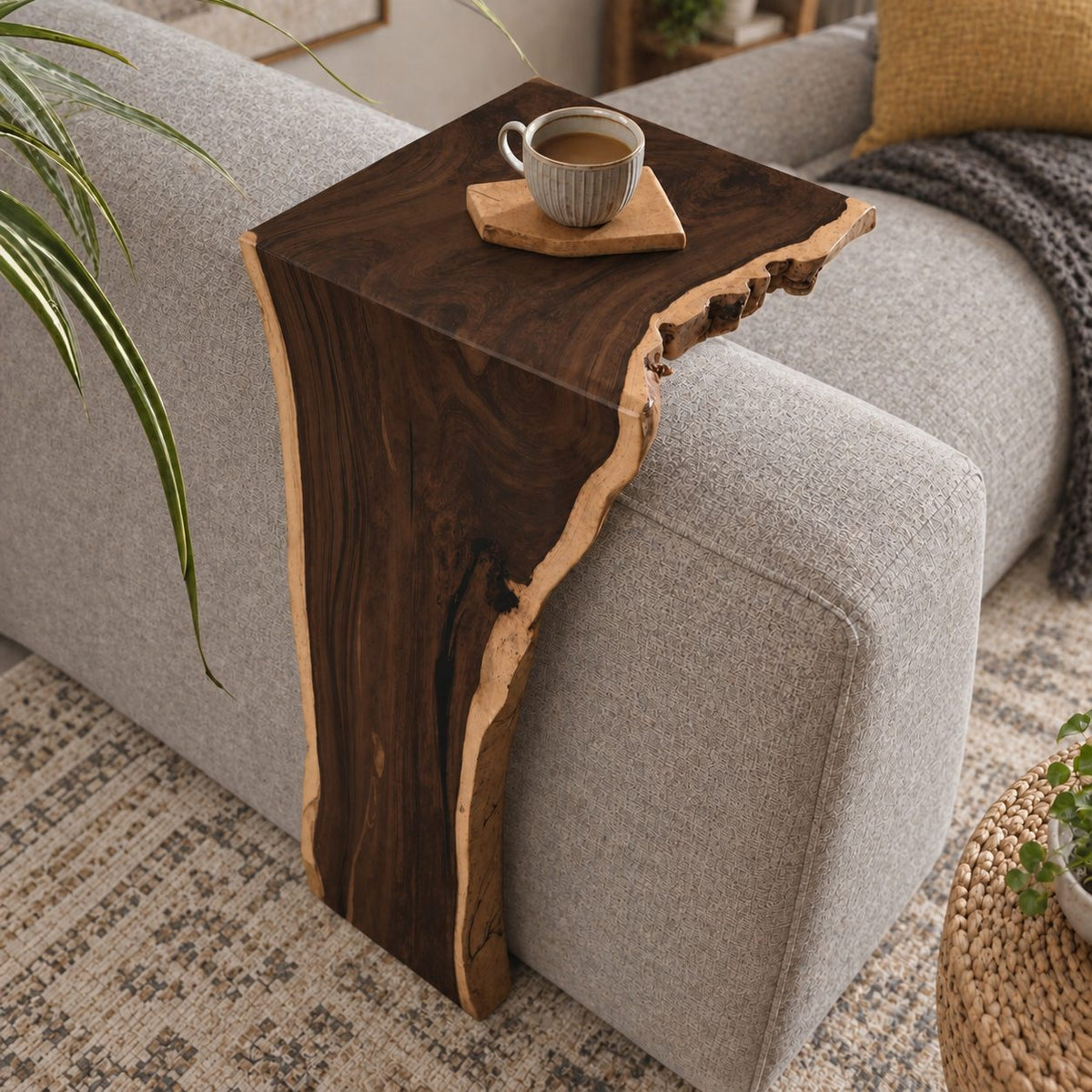 Sofa Arm Table Live Edge Waterfall Wrap, Solid Wood Couch Armrest Tray for Coffee and Remote