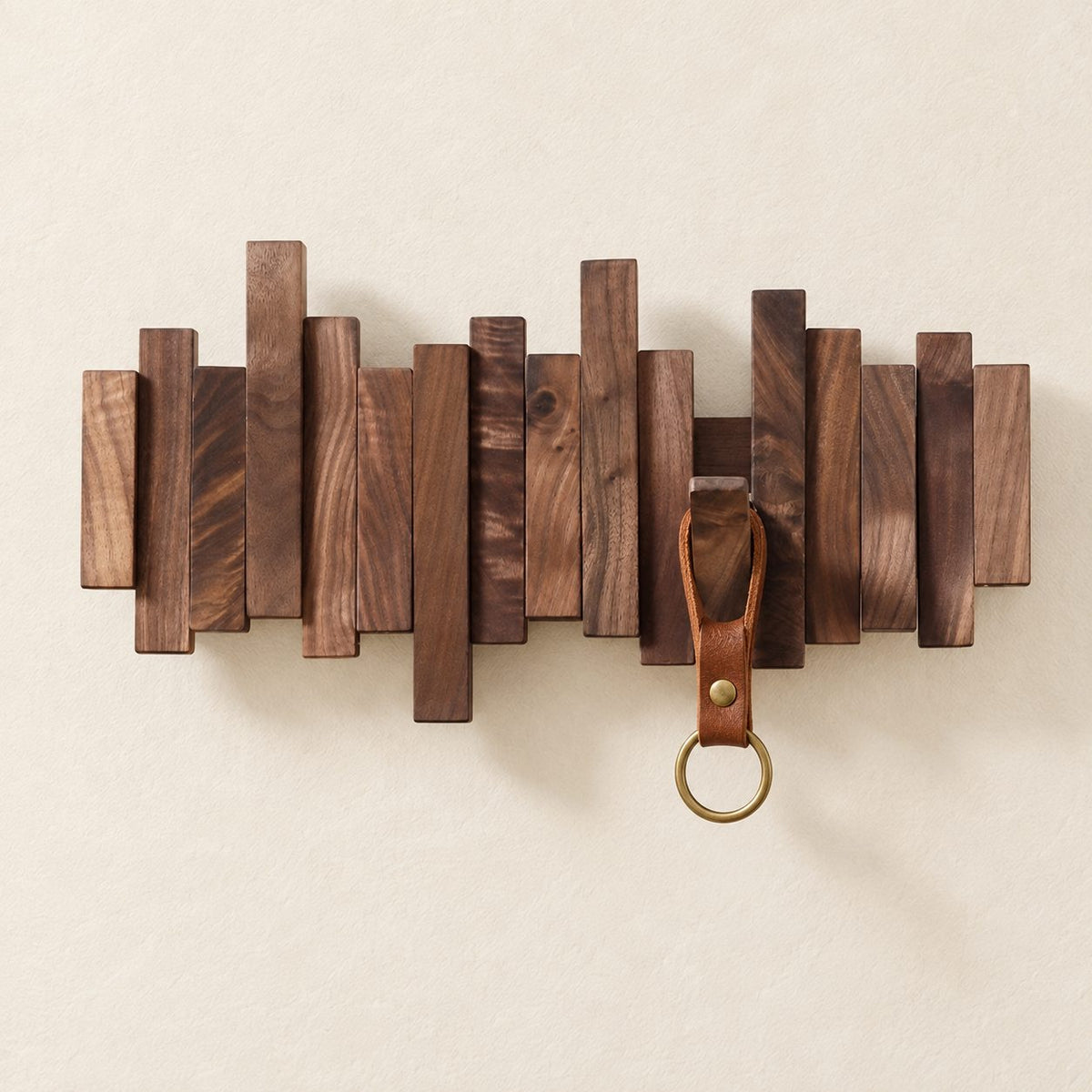 Piano Key Rack for Wall, Small Staggered Solid Wood Key Holder with Flip-Down Hooks for Keys and Bags