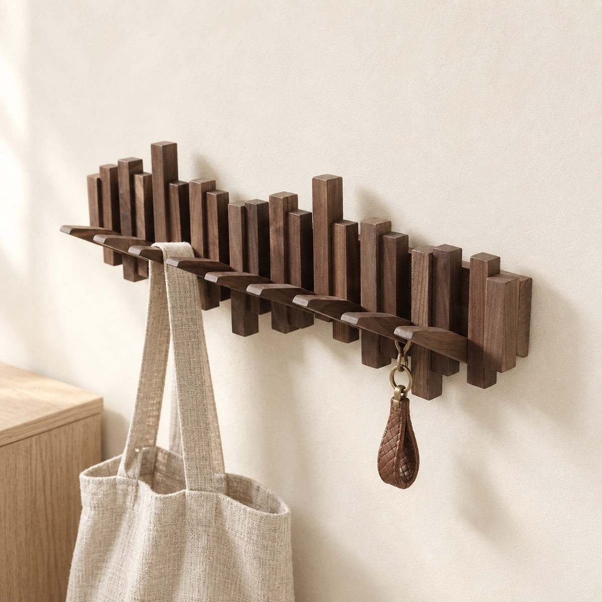 Piano Key Rack for Wall, Small Staggered Solid Wood Key Holder with Flip-Down Hooks for Keys and Bags