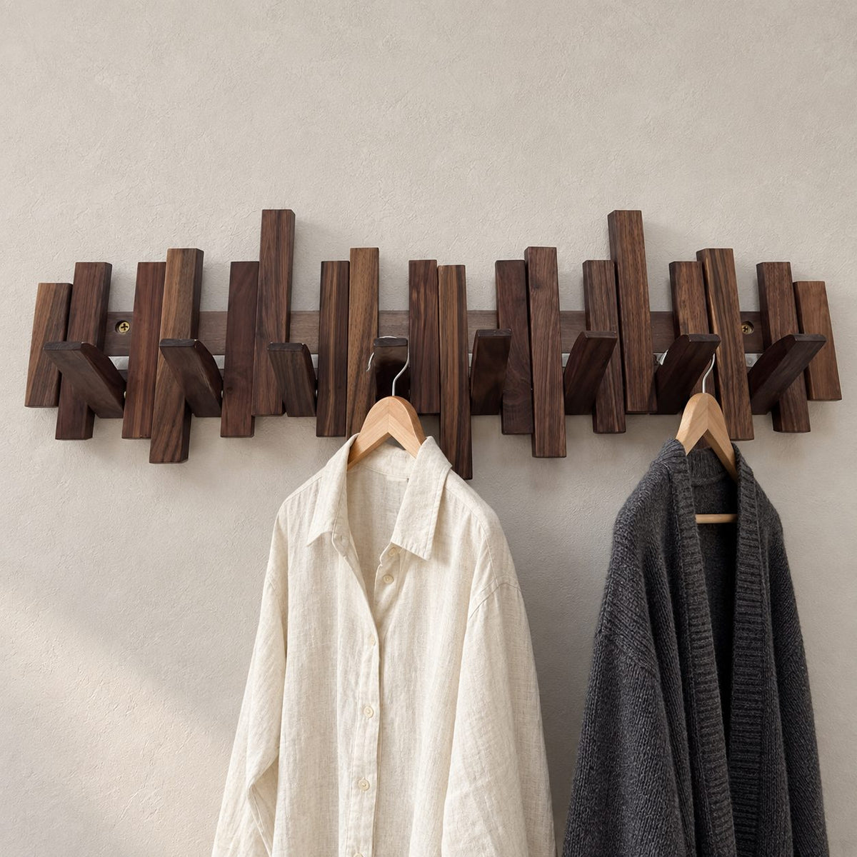 Piano Key Rack for Wall, Small Staggered Solid Wood Key Holder with Flip-Down Hooks for Keys and Bags