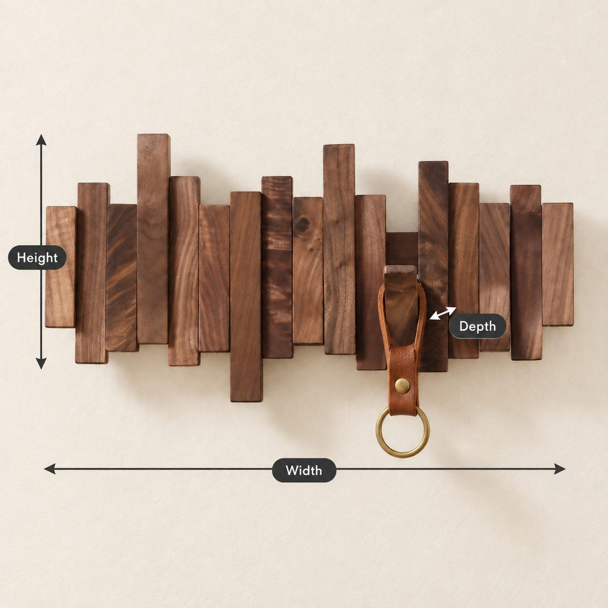 Piano Key Rack for Wall, Small Staggered Solid Wood Key Holder with Flip-Down Hooks for Keys and Bags
