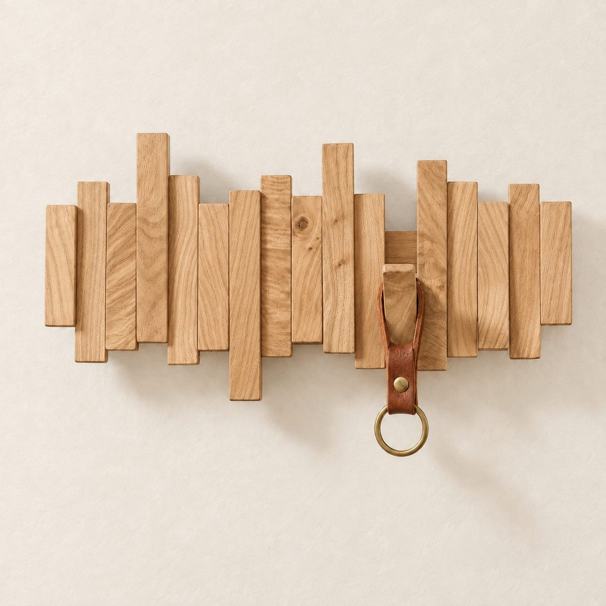 Piano Key Rack for Wall, Small Staggered Solid Wood Key Holder with Flip-Down Hooks for Keys and Bags