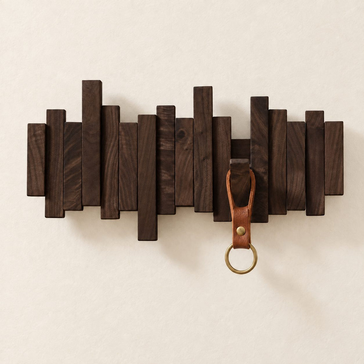 Piano Key Rack for Wall, Small Staggered Solid Wood Key Holder with Flip-Down Hooks for Keys and Bags