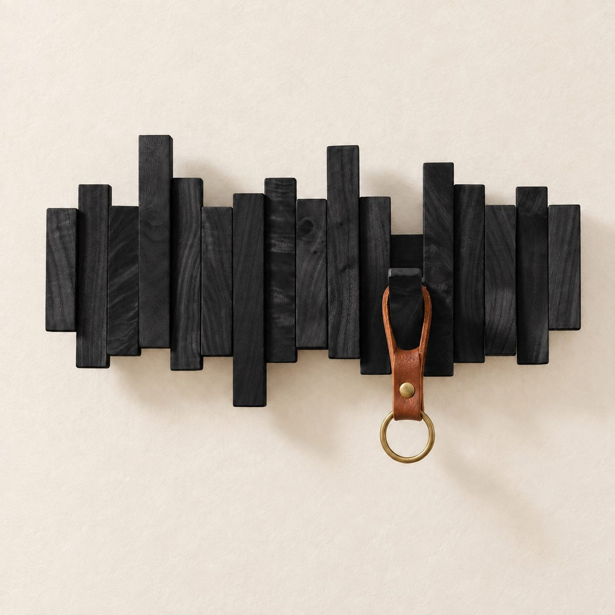 Piano Key Rack for Wall, Small Staggered Solid Wood Key Holder with Flip-Down Hooks for Keys and Bags