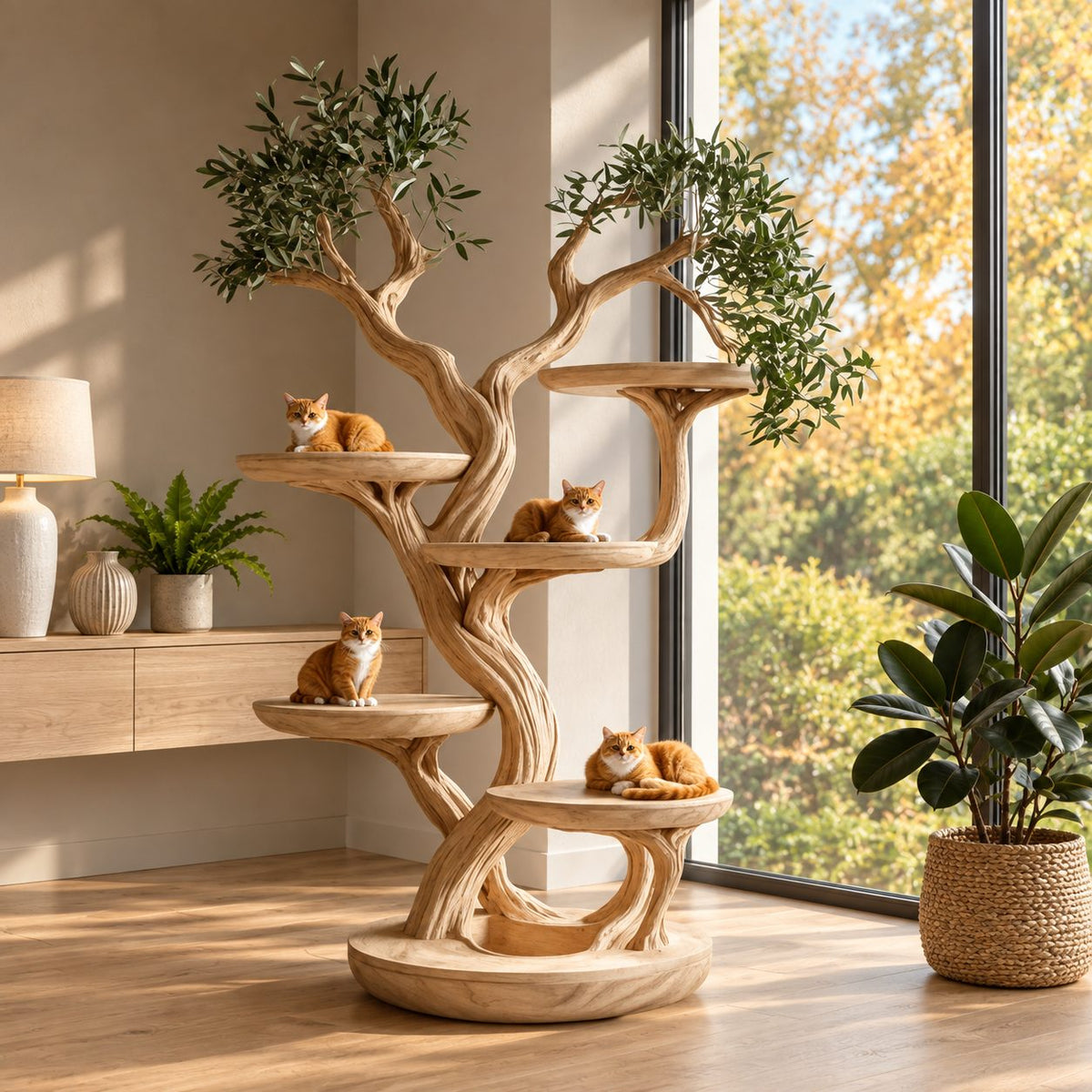 Wooden Cat Tree Large, Sculpted Braided Trunk Cat Tower with Several Round Perches, Solid Wood
