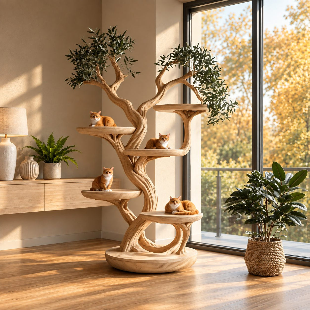 Wooden Cat Tree Large, Sculpted Braided Trunk Cat Tower with Several Round Perches, Solid Wood