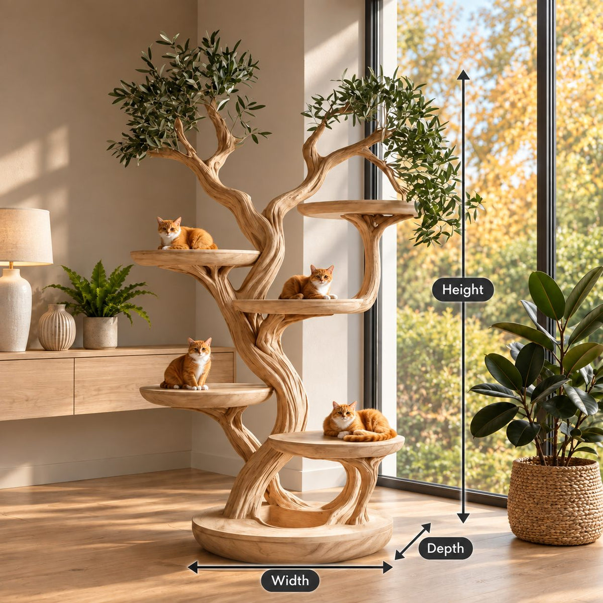 Wooden Cat Tree Large, Sculpted Braided Trunk Cat Tower with Several Round Perches, Solid Wood