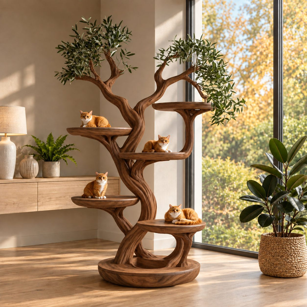 Wooden Cat Tree Large, Sculpted Braided Trunk Cat Tower with Several Round Perches, Solid Wood
