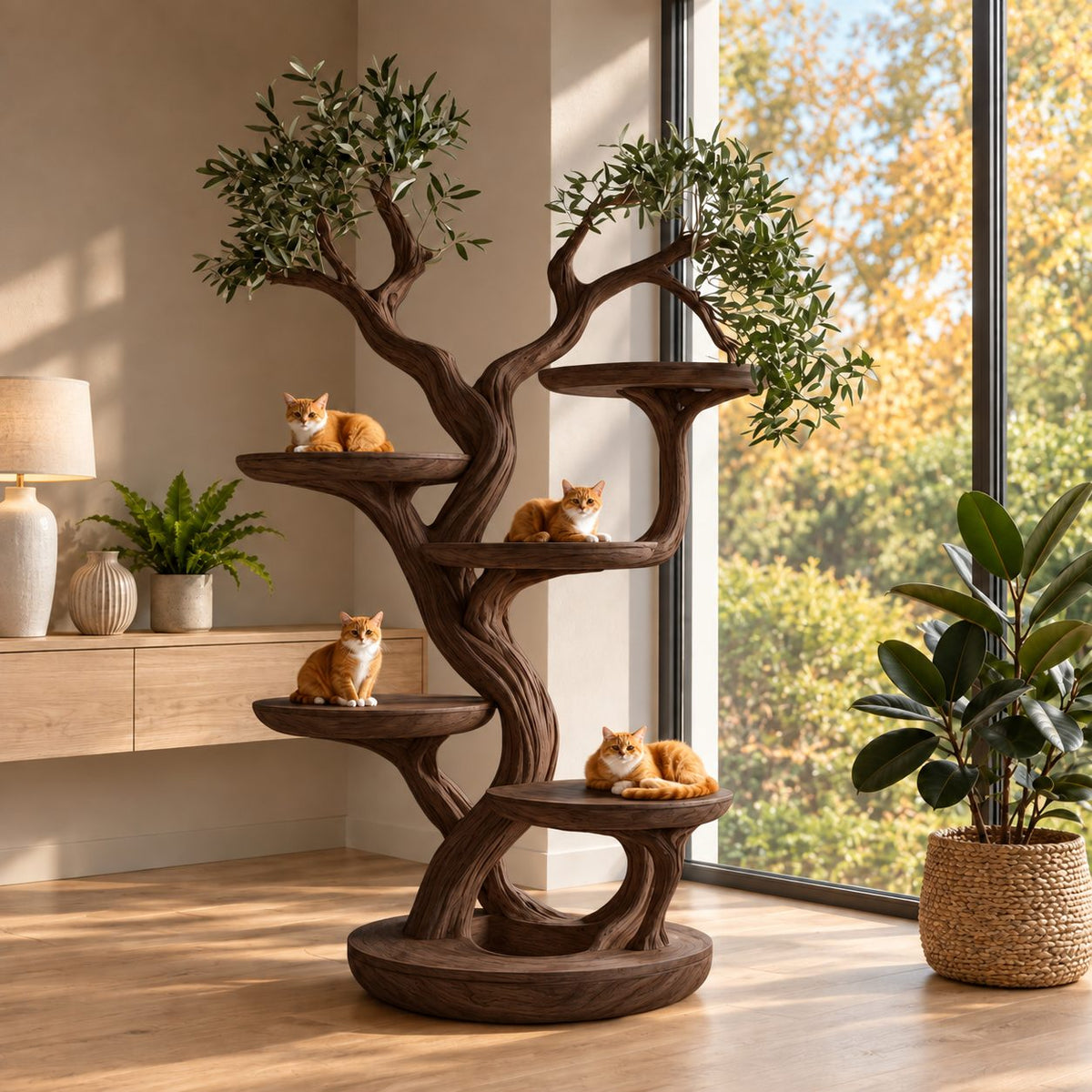 Wooden Cat Tree Large, Sculpted Braided Trunk Cat Tower with Several Round Perches, Solid Wood