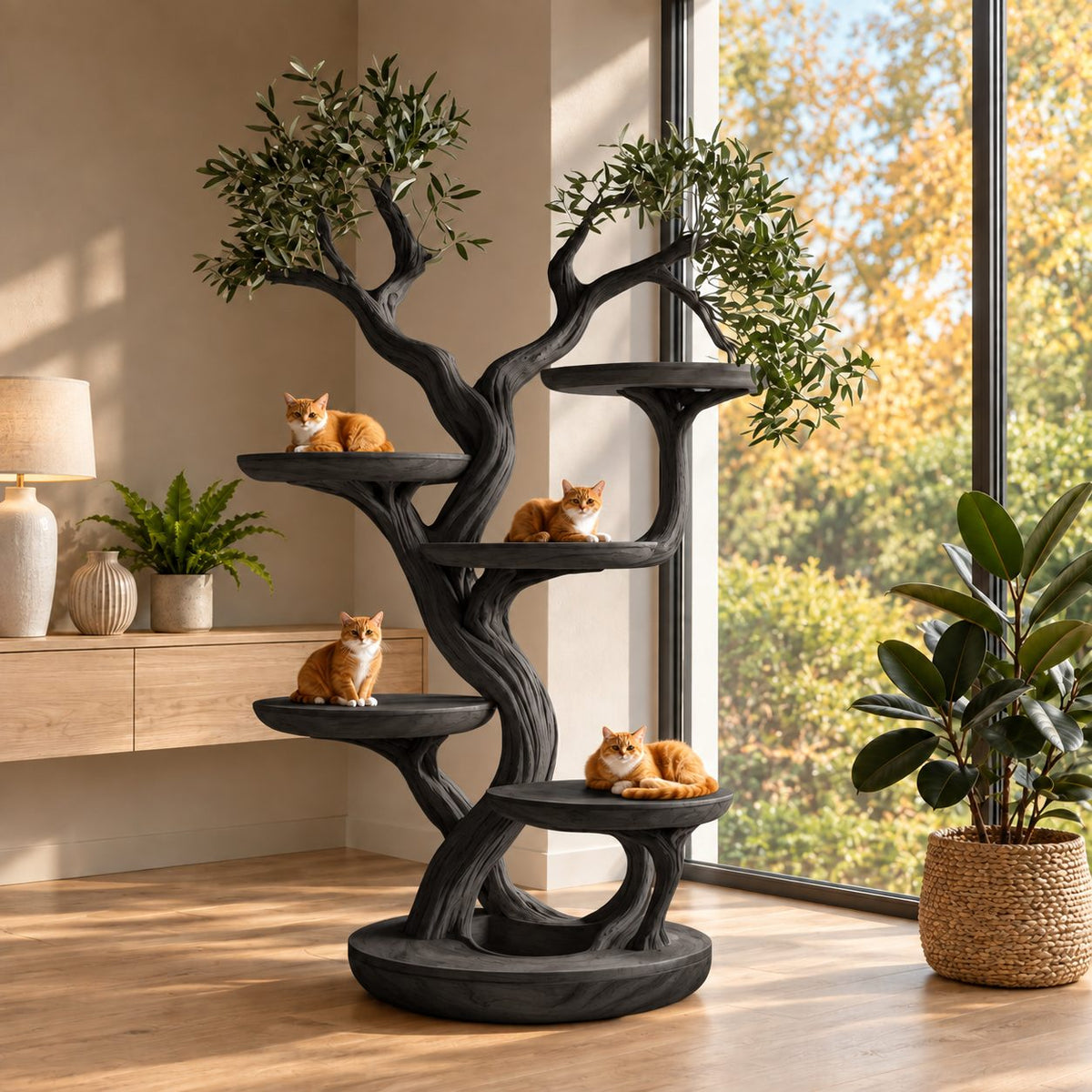 Wooden Cat Tree Large, Sculpted Braided Trunk Cat Tower with Several Round Perches, Solid Wood