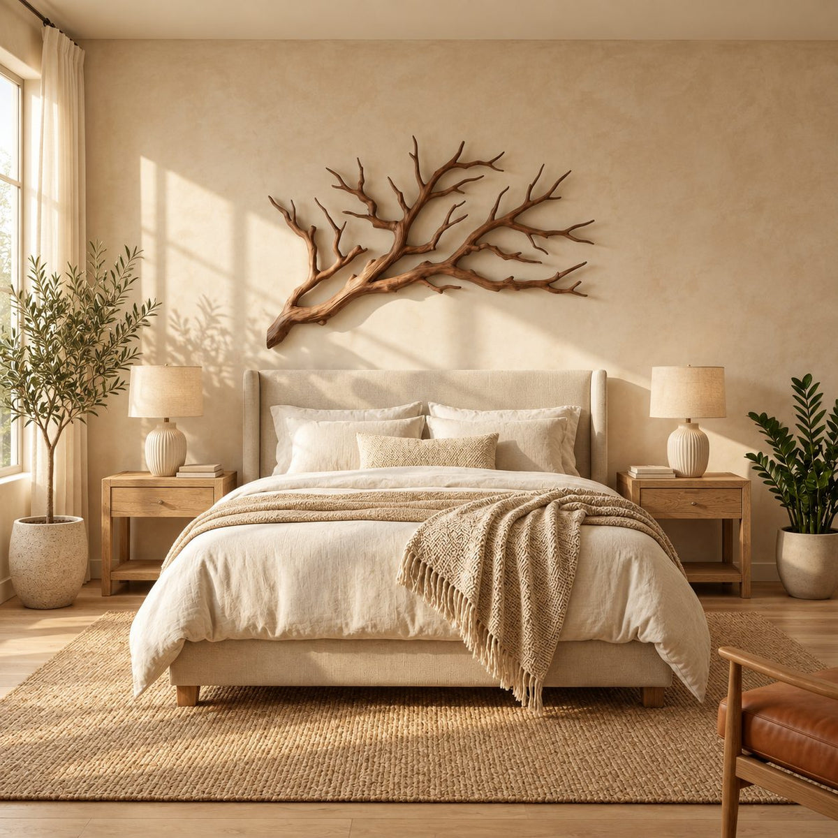 Tree Branch Wall Art for Bedroom, Solid Wood Branch Sculpture Headboard Wall Decor