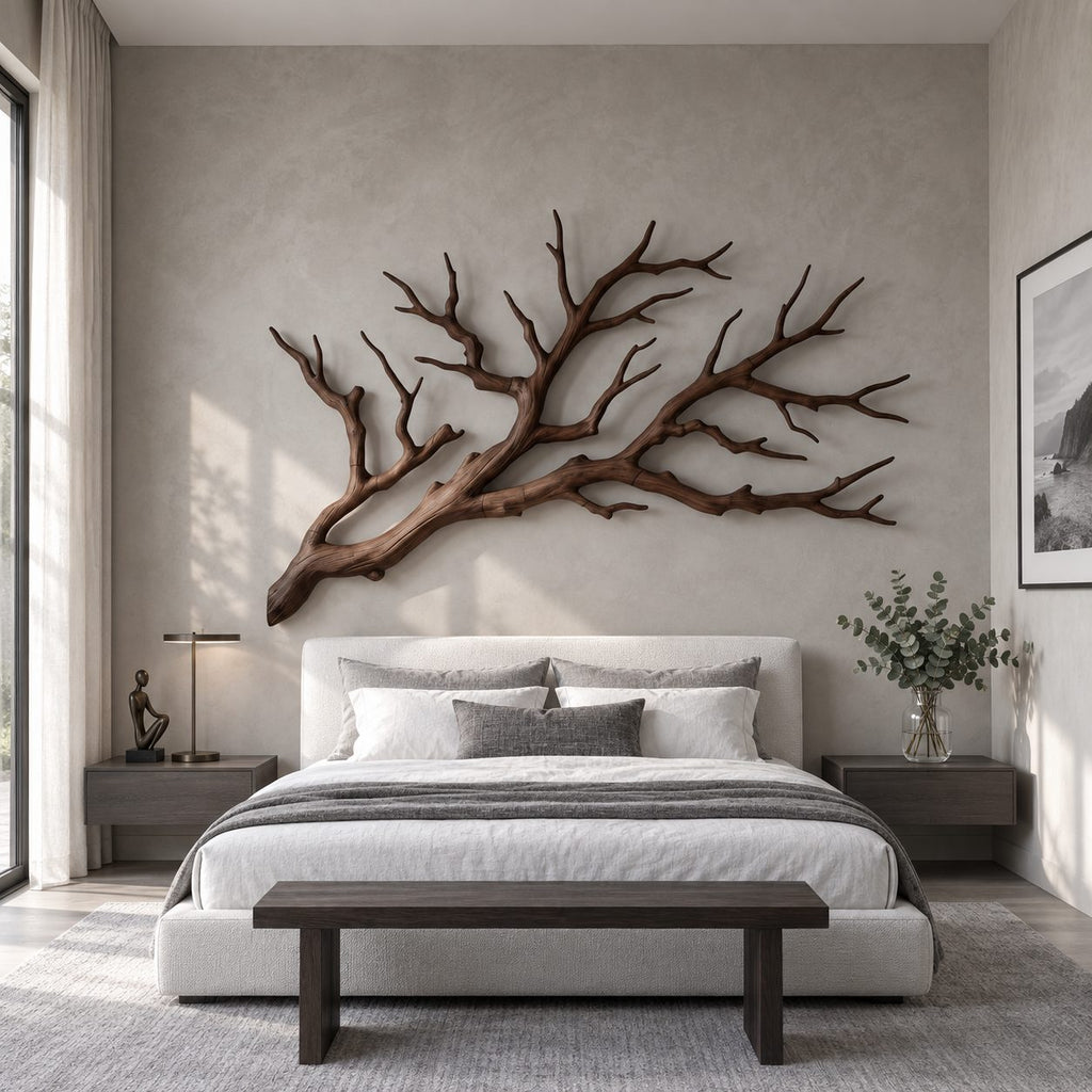 Tree Branch Wall Art for Bedroom, Solid Wood Branch Sculpture Headboard Wall Decor