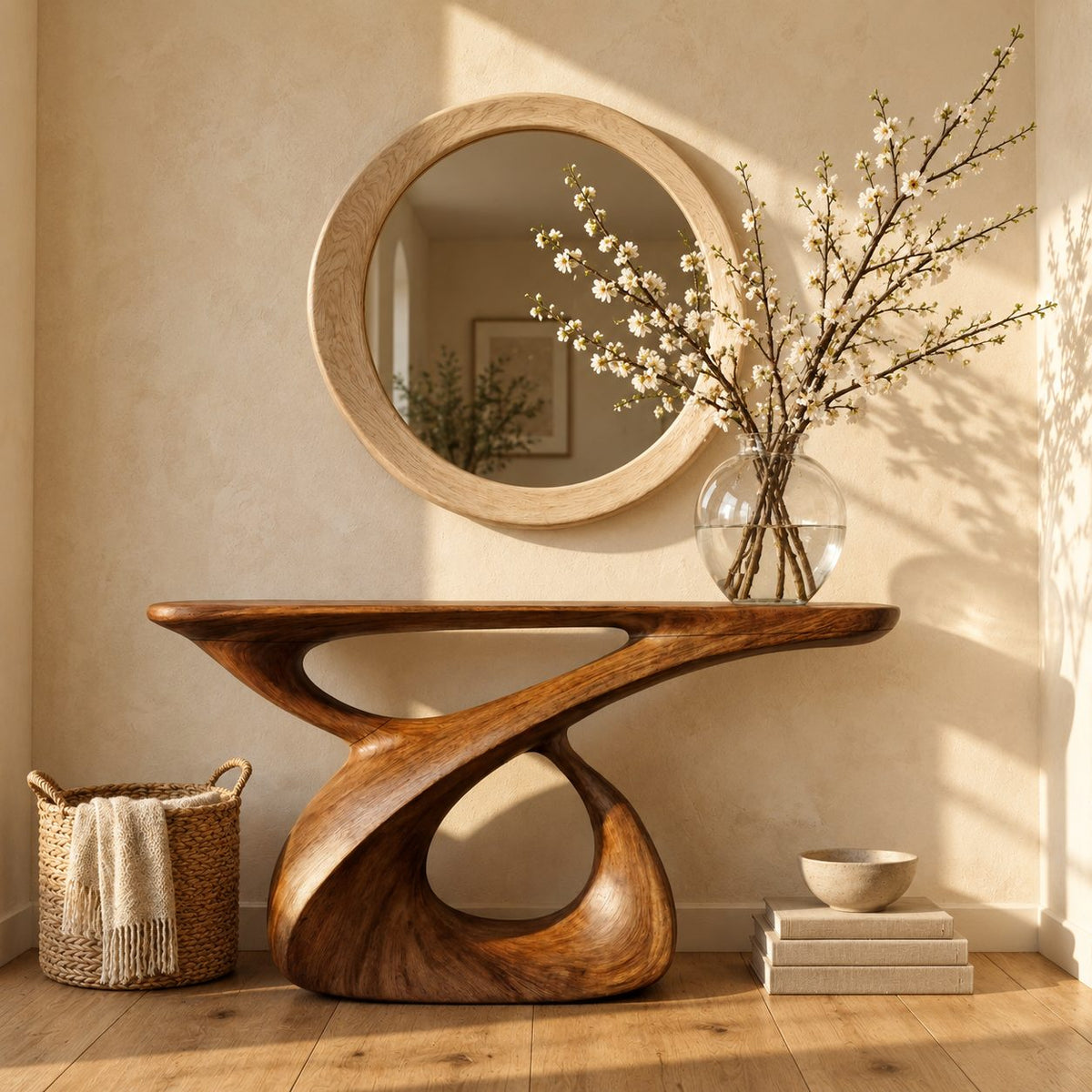 Sculptural Console Table with Carved Figure-Eight Loop Base, Solid Wood Entryway Table