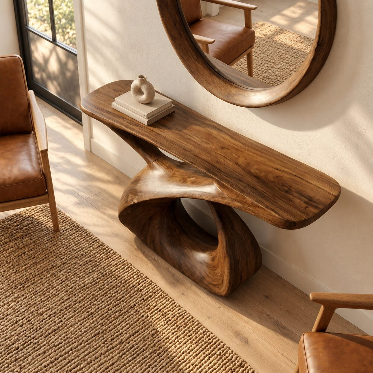 Sculptural Console Table with Carved Figure-Eight Loop Base, Solid Wood Entryway Table