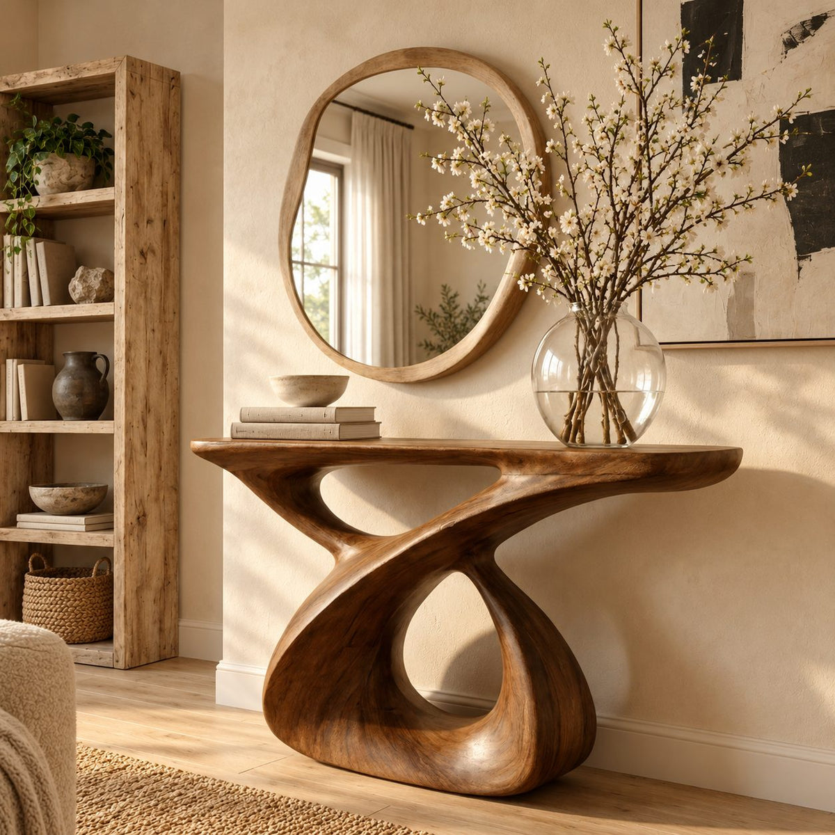 Sculptural Console Table with Carved Figure-Eight Loop Base, Solid Wood Entryway Table