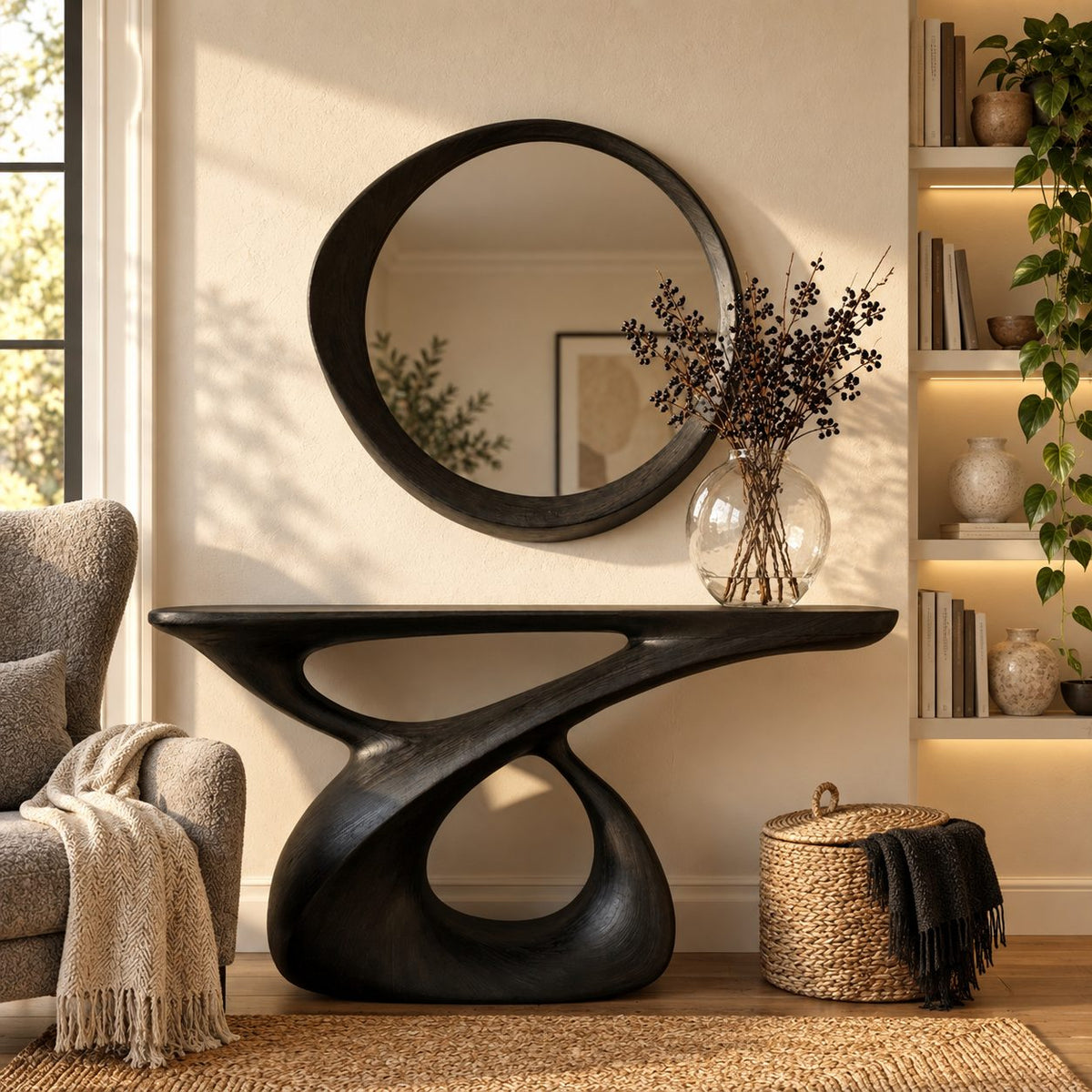 Sculptural Console Table with Carved Figure-Eight Loop Base, Solid Wood Entryway Table