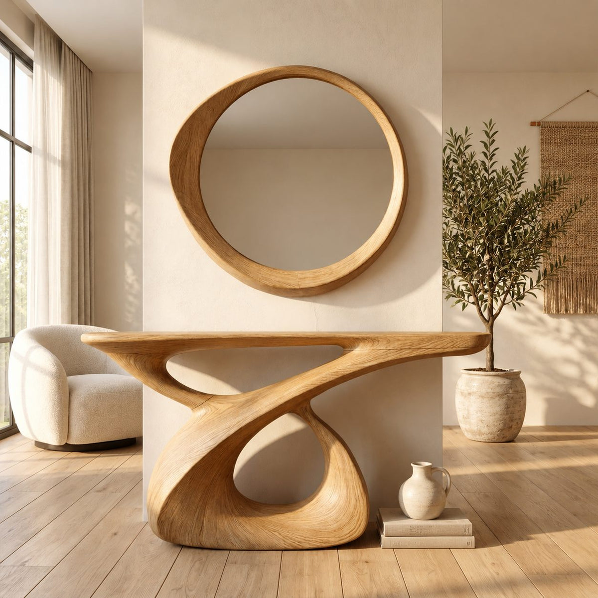 Sculptural Console Table with Carved Figure-Eight Loop Base, Solid Wood Entryway Table