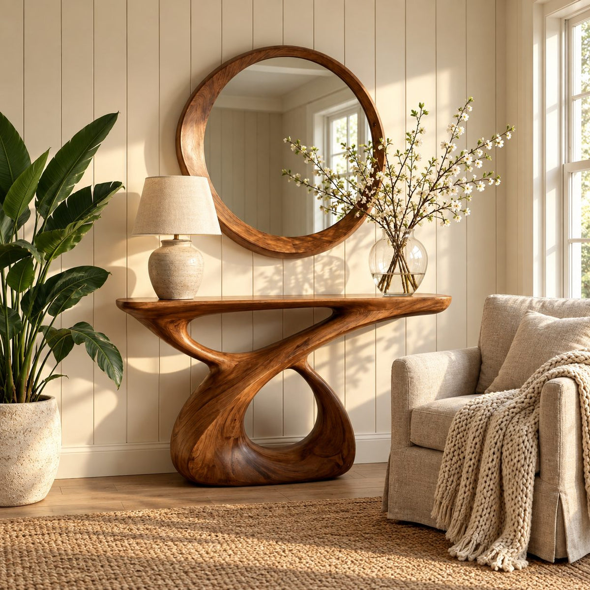 Sculptural Console Table with Carved Figure-Eight Loop Base, Solid Wood Entryway Table