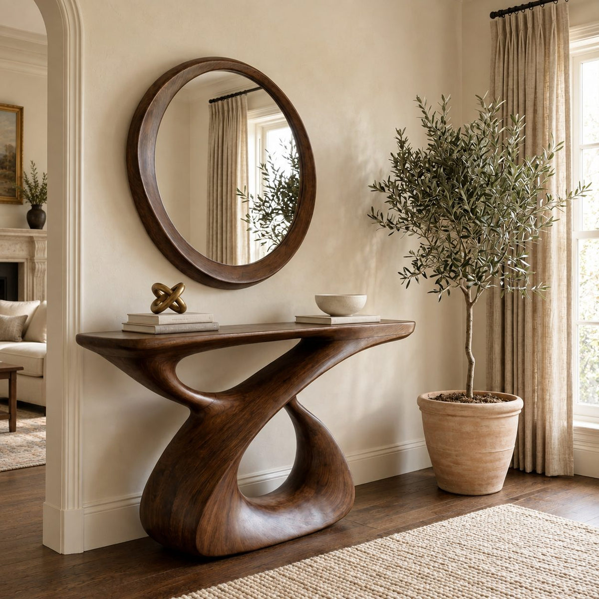Sculptural Console Table with Carved Figure-Eight Loop Base, Solid Wood Entryway Table