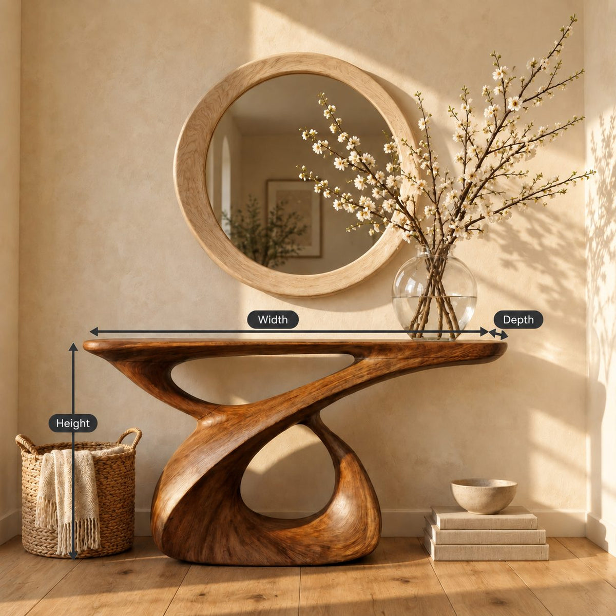 Sculptural Console Table with Carved Figure-Eight Loop Base, Solid Wood Entryway Table