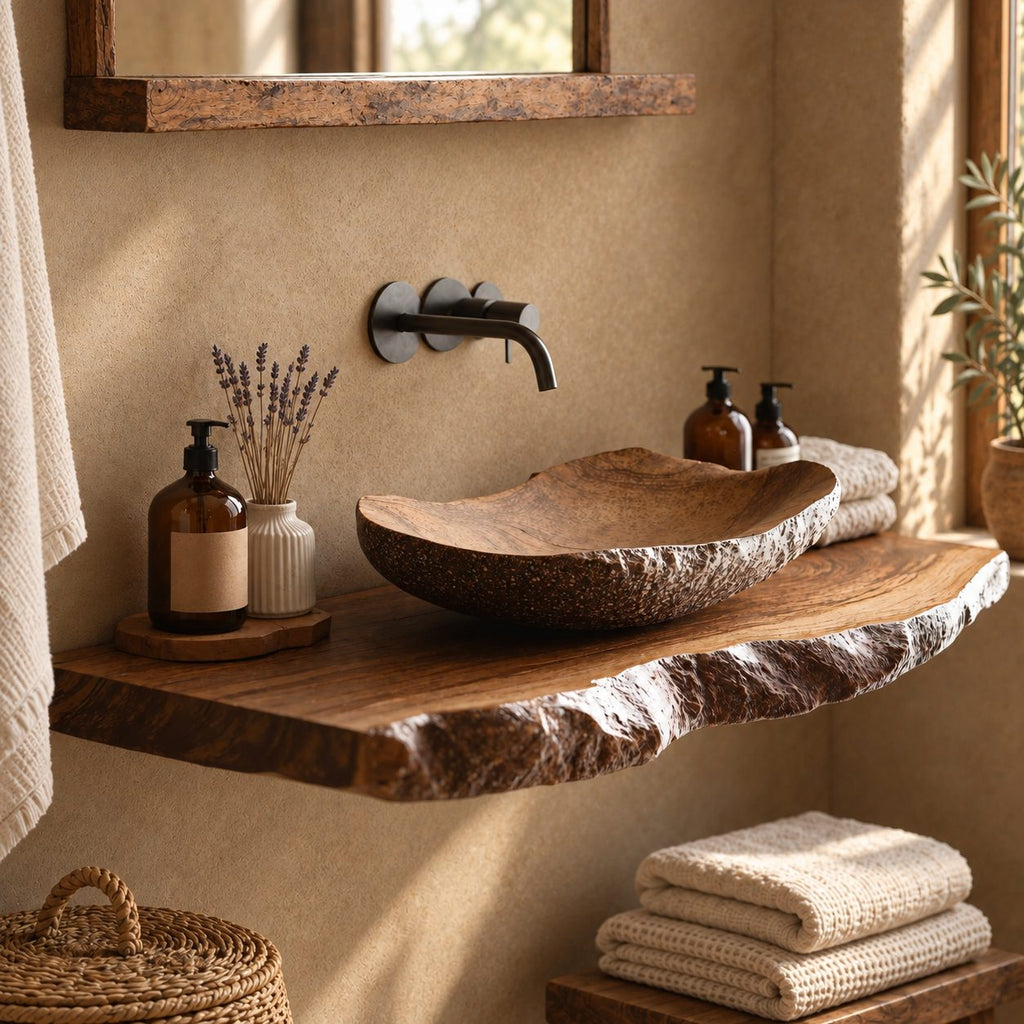 Live Edge Bathroom Vanity Shelf 20-71 Inch, Floating Solid Wood Slab Countertop with Rough Bark Edge