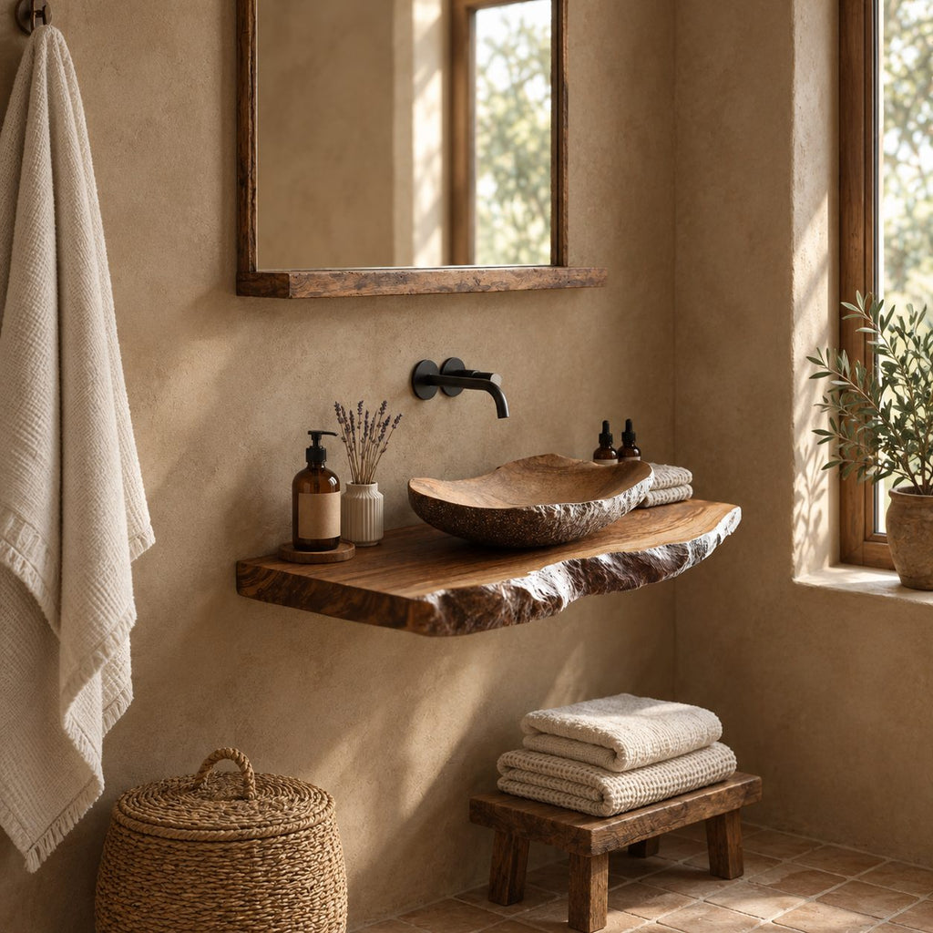 Live Edge Bathroom Vanity Shelf 20-71 Inch, Floating Solid Wood Slab Countertop with Rough Bark Edge