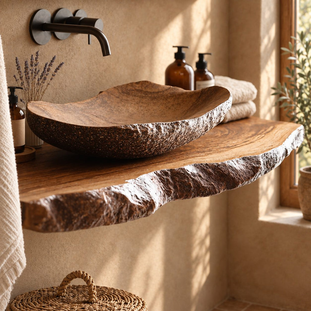 Live Edge Bathroom Vanity Shelf 20-71 Inch, Floating Solid Wood Slab Countertop with Rough Bark Edge