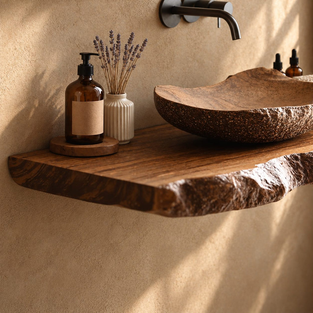 Live Edge Bathroom Vanity Shelf 20-71 Inch, Floating Solid Wood Slab Countertop with Rough Bark Edge