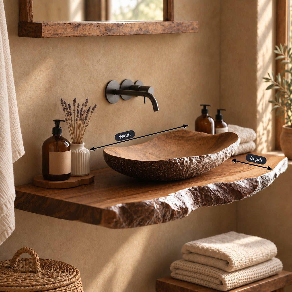Live Edge Bathroom Vanity Shelf 20-71 Inch, Floating Solid Wood Slab Countertop with Rough Bark Edge