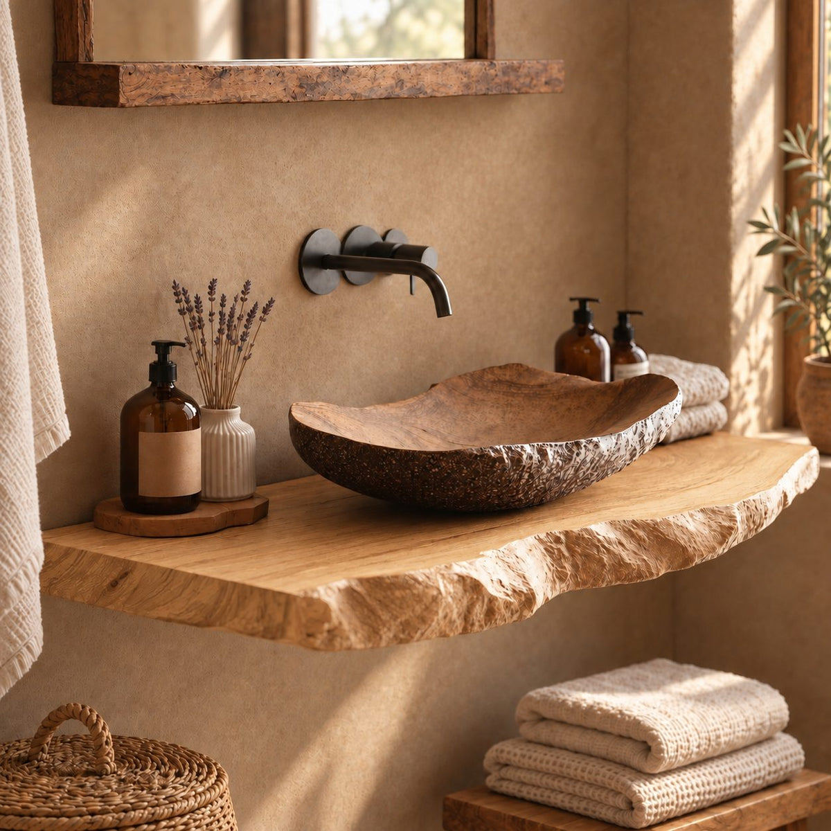 Live Edge Bathroom Vanity Shelf 20-71 Inch, Floating Solid Wood Slab Countertop with Rough Bark Edge