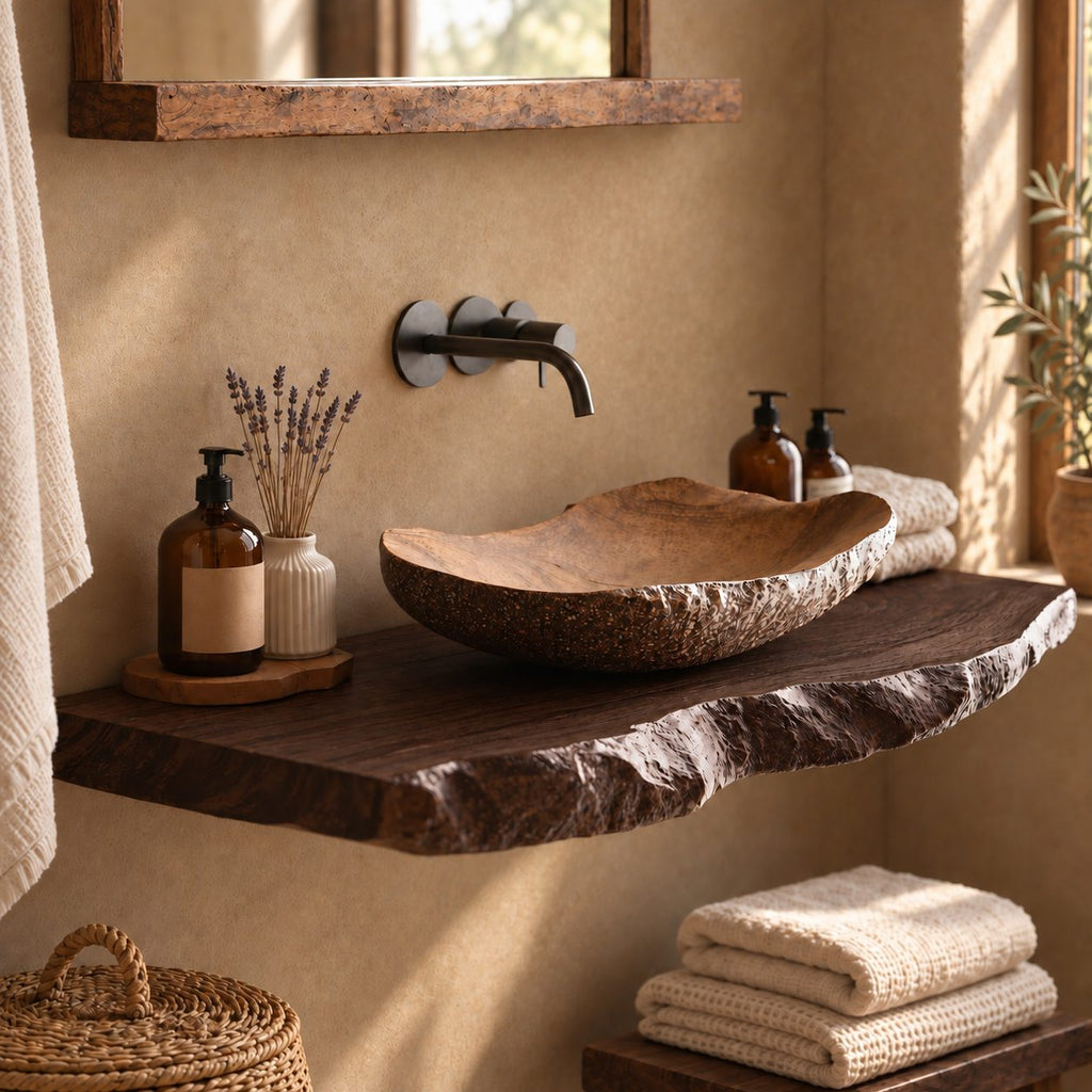 Live Edge Bathroom Vanity Shelf 20-71 Inch, Floating Solid Wood Slab Countertop with Rough Bark Edge