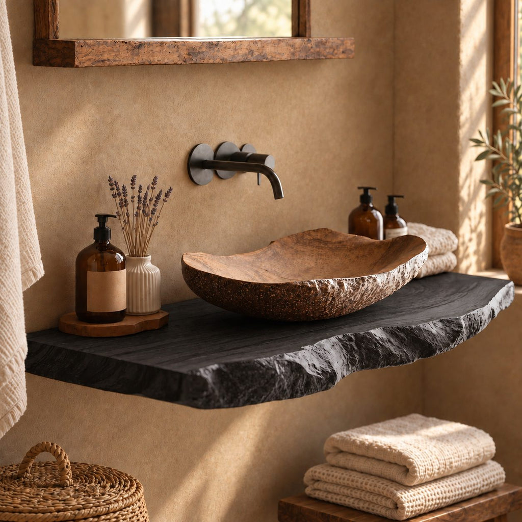 Live Edge Bathroom Vanity Shelf 20-71 Inch, Floating Solid Wood Slab Countertop with Rough Bark Edge