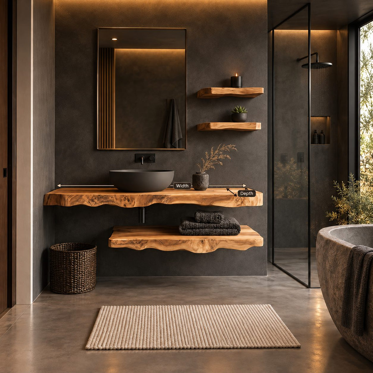 Floating Bathroom Vanity 16-48 Inch, Two-Tier Live Edge Solid Wood Slab Vanity with Lower Shelf