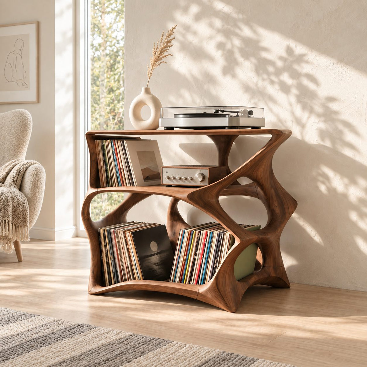 Record Player Stand with Sculptural Open Frame and Two Tiers of Vinyl Storage, Solid Wood Media Stand