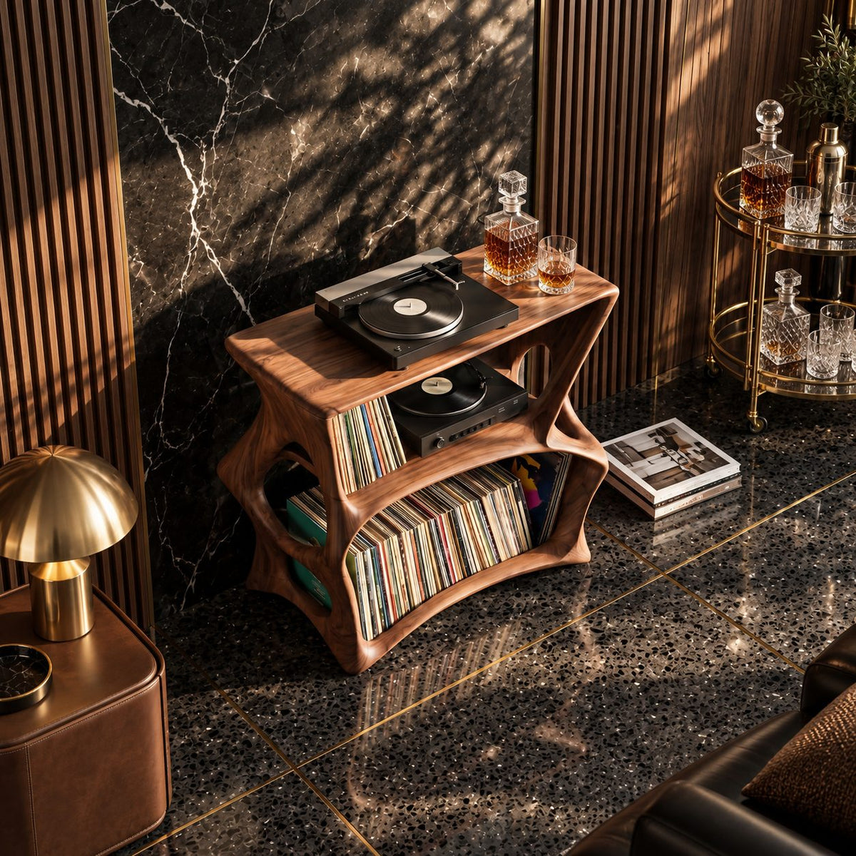 Record Player Stand with Sculptural Open Frame and Two Tiers of Vinyl Storage, Solid Wood Media Stand