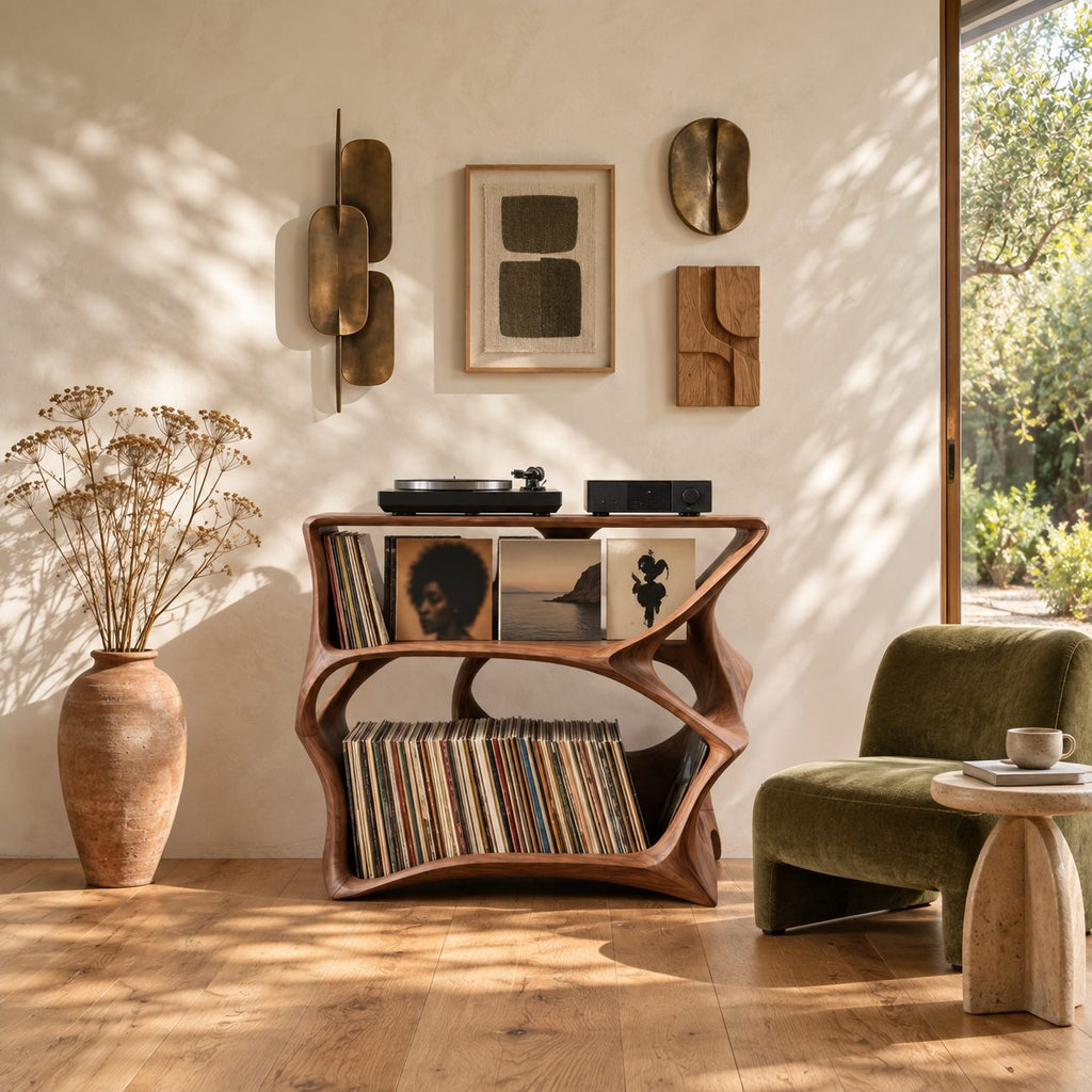 Record Player Stand with Sculptural Open Frame and Two Tiers of Vinyl Storage, Solid Wood Media Stand
