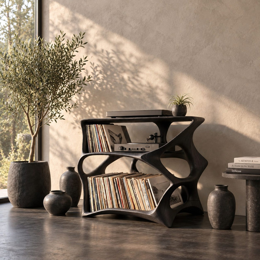 Record Player Stand with Sculptural Open Frame and Two Tiers of Vinyl Storage, Solid Wood Media Stand