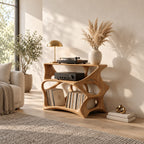 Record Player Stand with Sculptural Open Frame and Two Tiers of Vinyl Storage, Solid Wood Media Stand