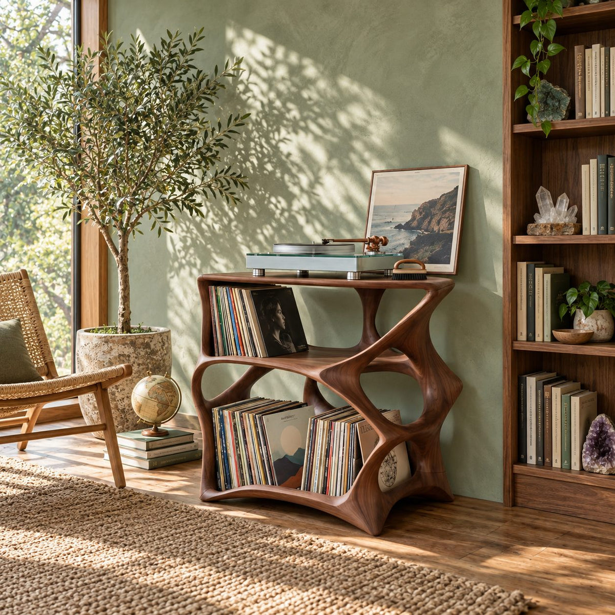 Record Player Stand with Sculptural Open Frame and Two Tiers of Vinyl Storage, Solid Wood Media Stand