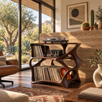 Record Player Stand with Sculptural Open Frame and Two Tiers of Vinyl Storage, Solid Wood Media Stand