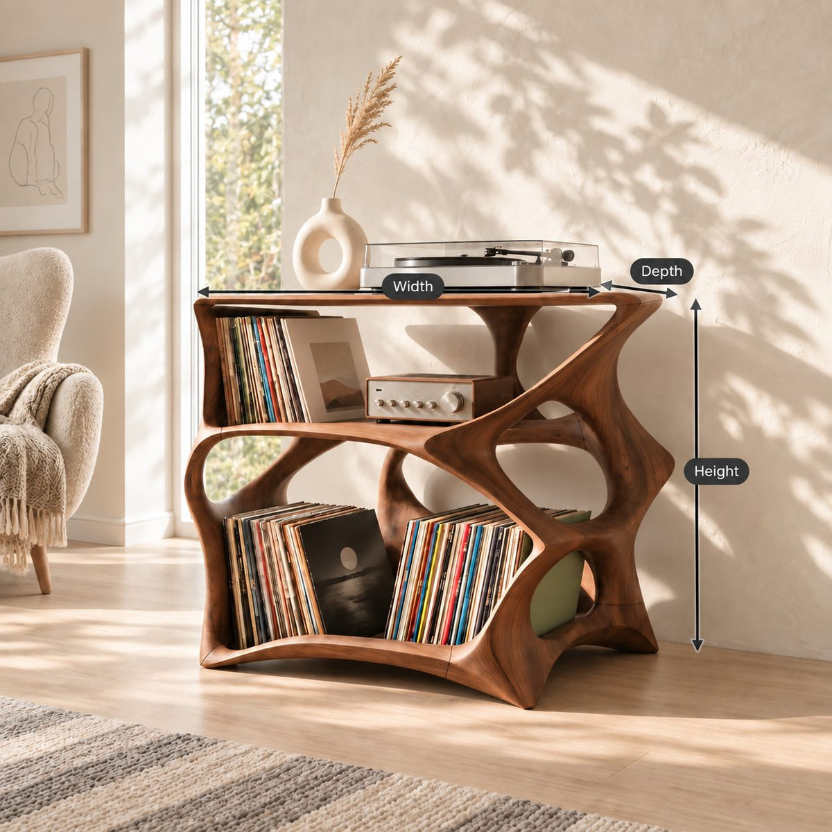 Record Player Stand with Sculptural Open Frame and Two Tiers of Vinyl Storage, Solid Wood Media Stand